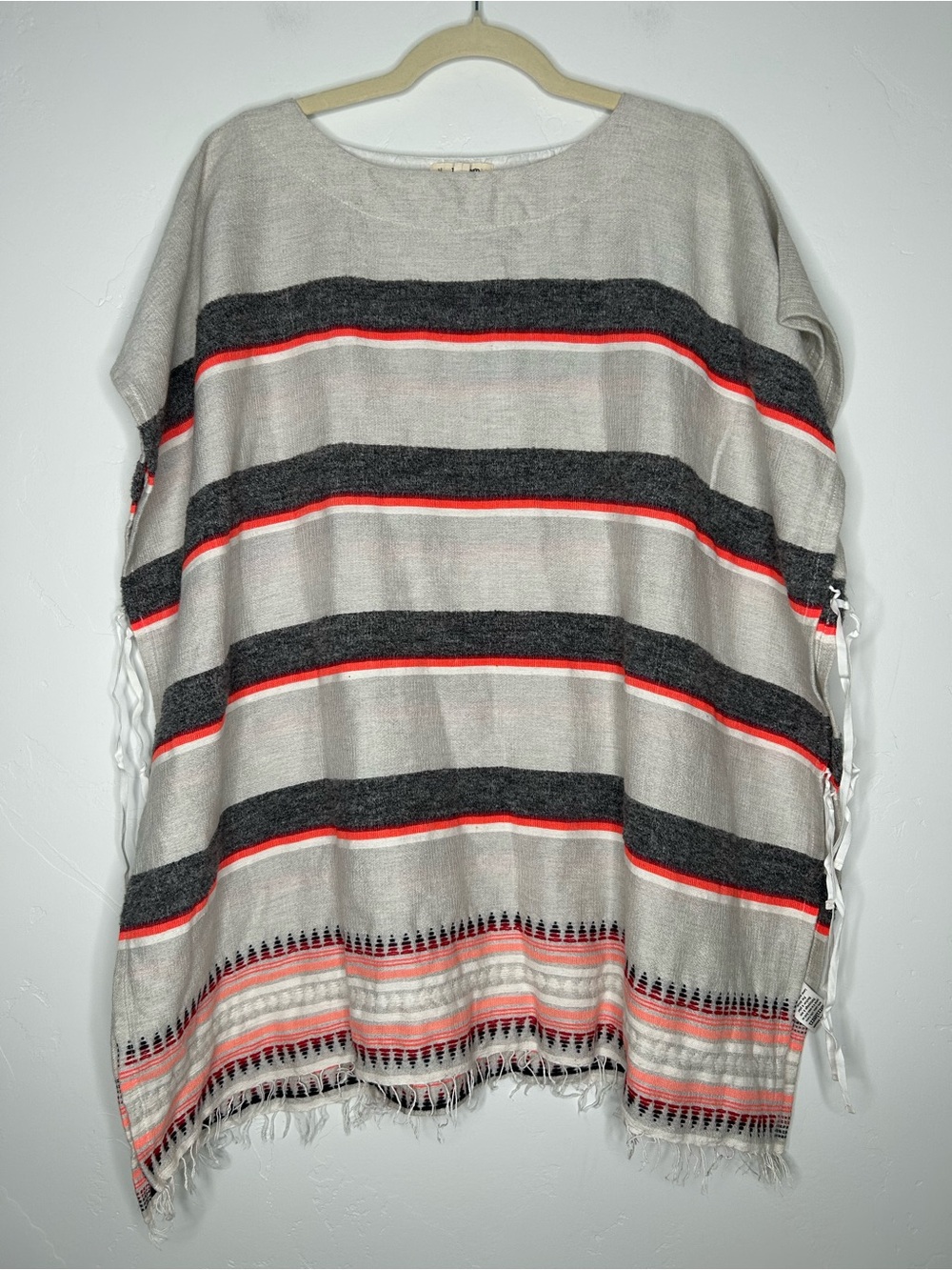 Lemlem Stripe Pullover Poncho Wool Cotton Blend One Size Fits Most Gray Orange